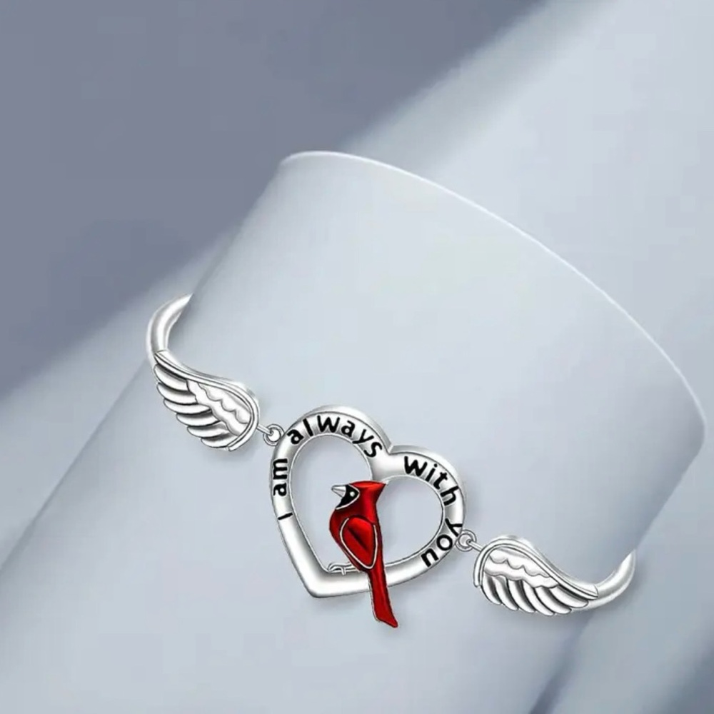 Silver Heart Bracelet with Red Cardinal